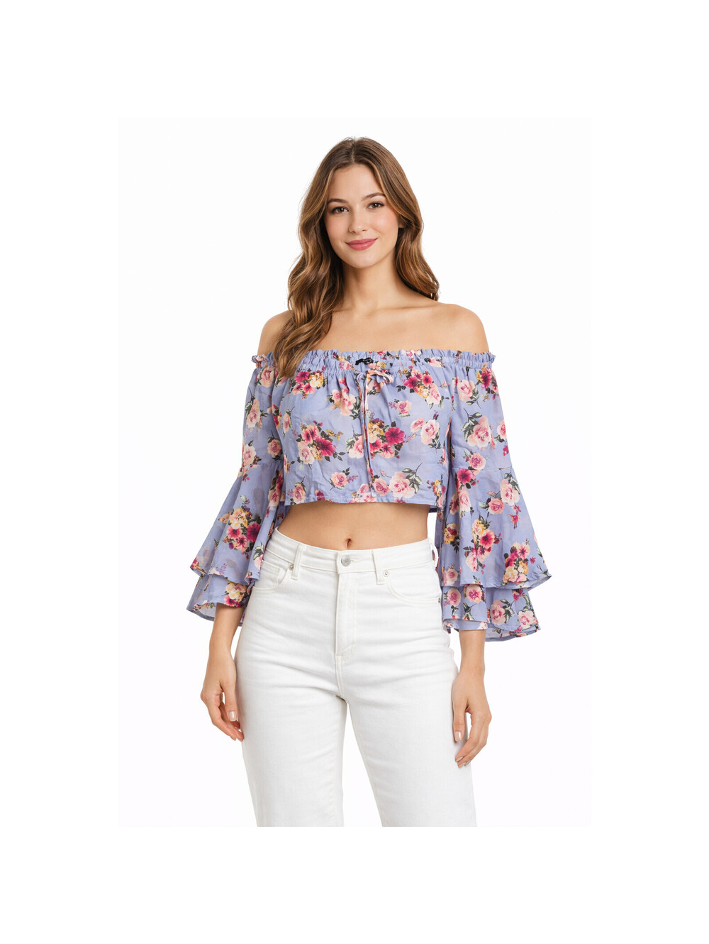 Blashe Floral Bell Sleeve Off Shoulder Fairy Crop Top Womens M Purple Chiffon